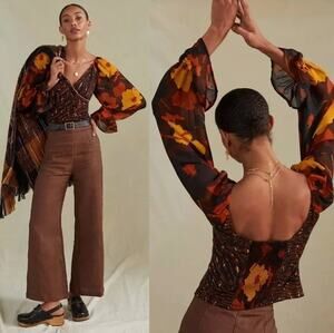 ANTHROPOLOGIE x CONDITIONS APPLY Abstract Puff-Sleeve Blouse Brown Sz M NWT 3J45